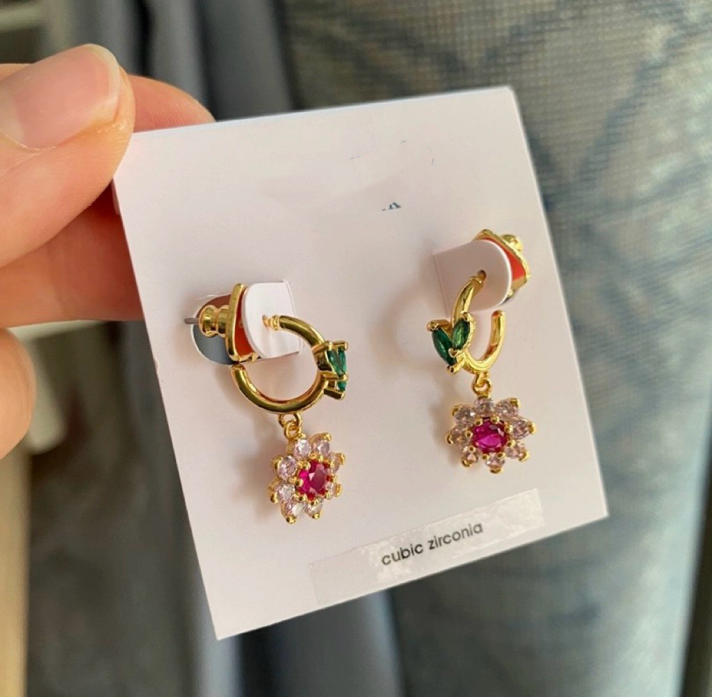 欧美大牌出口原单高品质闪耀彩色水钻花卉绿叶金属C字耳环女