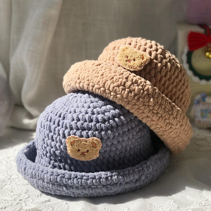 手工针织编织diy材料包冰条毛线帽子保暖小熊渔夫帽圣诞生日礼物