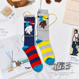 不对称女袜纯棉中高筒AB鸳鸯 街拍潮袜日本原单 欧洲站女士学生袜