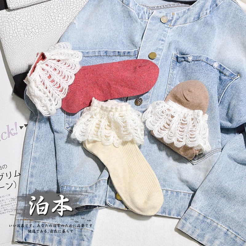 泊本保暖女羊毛花边洛丽塔袜子