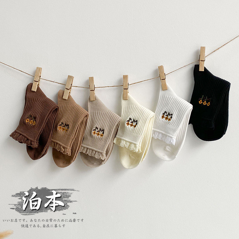 日系jk洛丽塔纯色花边中筒袜