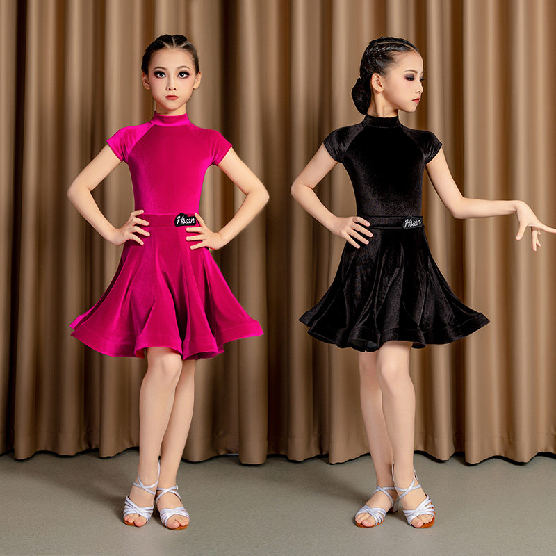 儿童女拉丁舞蹈服装赛服短袖新款丝绒夏秋季练功考级比赛规定服装