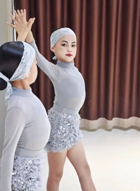 Top舞服少儿拉丁舞春夏长袖灰色亮片毛毛裙子练习服女童跳舞演出