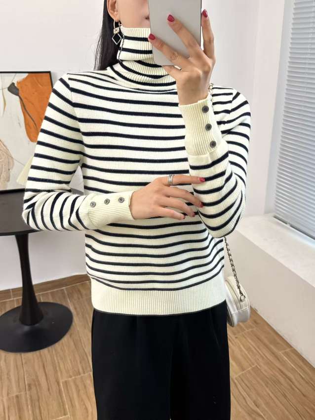堆堆领条纹毛衣女2025年冬新羊绒衫
