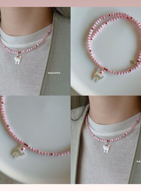 【少女的猫】原创粉猫眼石夏日简约白蝶贝猫咪串珠项链女小众甜美