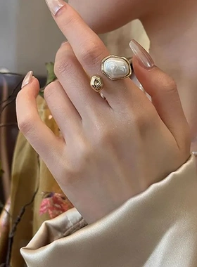 异形珍珠开口戒指女款ins小众设计高级感2025年新款复古食指戒指