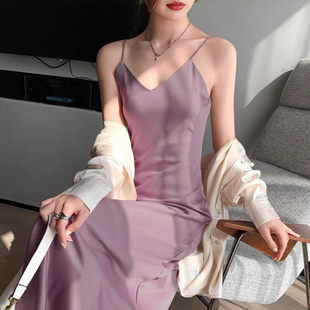 法式 气质打底内搭长裙子 高级感仿醋酸缎面加长吊带连衣裙女夏大码