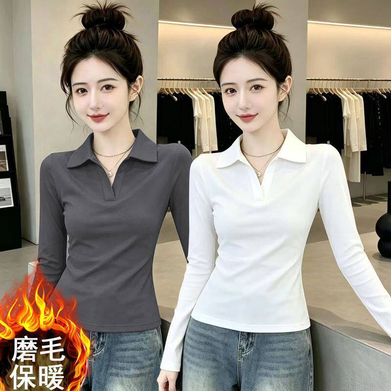 单/两件装 Polo领休闲长袖t恤女秋冬韩系正肩德绒打底衫显瘦上衣