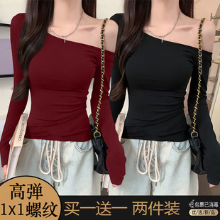 单/两件装 斜肩长袖t恤女秋冬季新款修身显瘦一字肩螺纹辣妹上衣