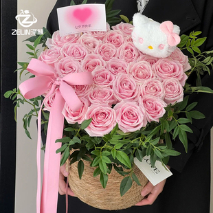 泽林七夕新款 特大号藤草编织花篮花店插花篮子99朵玫瑰抱抱桶礼盒