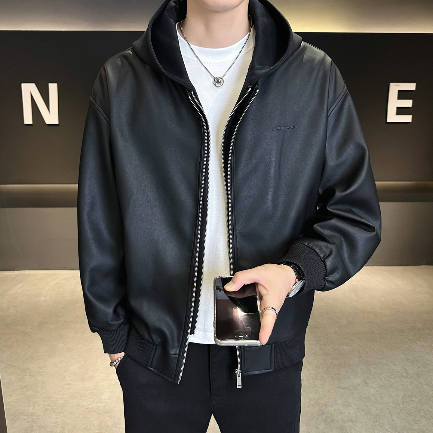 美式休闲假两件男士皮夹克外套图片
