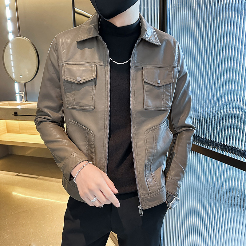 韩版潮牌纯色休闲翻领夹克皮衣