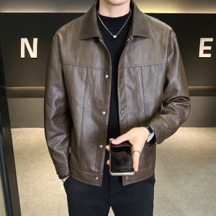 高级感皮衣外套男春秋季2026新款美式潮流拼接翻领男装机车皮夹克