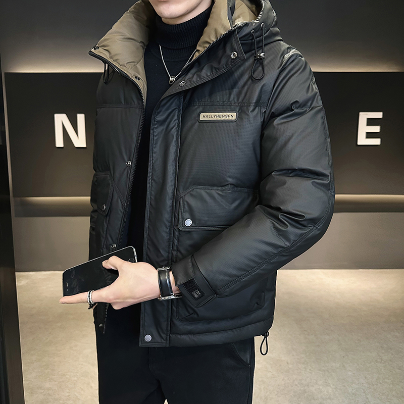 高端连帽短款工装口袋羽绒服男款