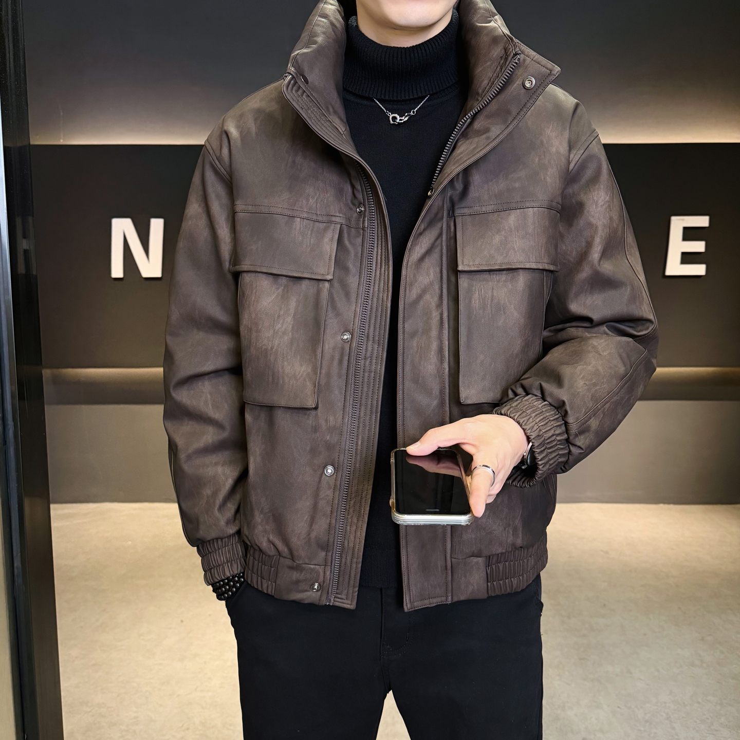 皮羽绒服男冬季2025新款美式休闲立领短款皮衣外套男装加厚防寒服