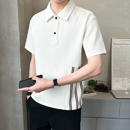 短袖T恤男夏季Polo衫翻领半袖男装潮牌潮流条纹拼接高端衣服男款