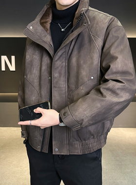 男士皮羽绒服冬季2025新款美式休闲加厚立领冬装衣服毛领男装外套