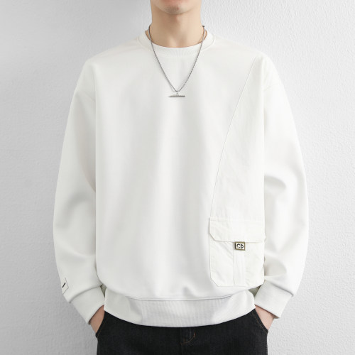 春季新款男士卫衣设计感口袋长袖t恤打底衫潮春装上衣服白色小衫