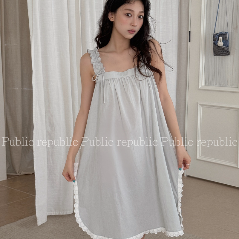 韩国Public republic 睡裙女纯色蕾丝甜美简约吊带抽绳家居睡裙女