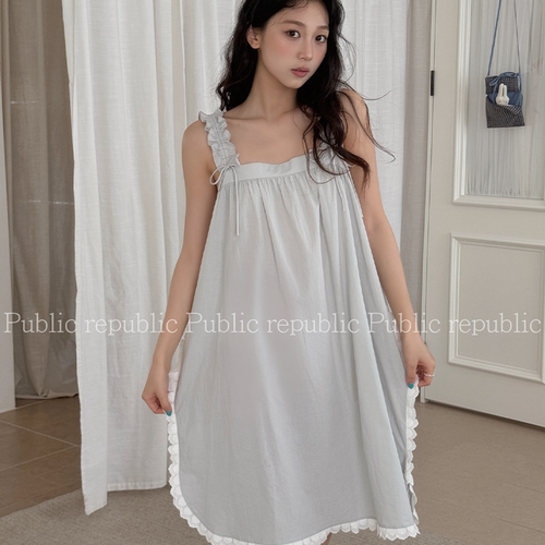 韩国Public republic 睡裙女纯色蕾丝甜美简约吊带抽绳家居睡裙女
