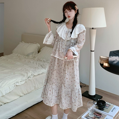 韩国Public republic 睡裙女宫廷碎花刺绣甜美早秋少女系家居睡裙