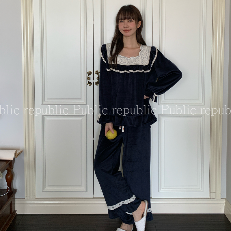 韩国Public republic 睡衣女甜美气质刺绣花边银狐绒柔软家居套装