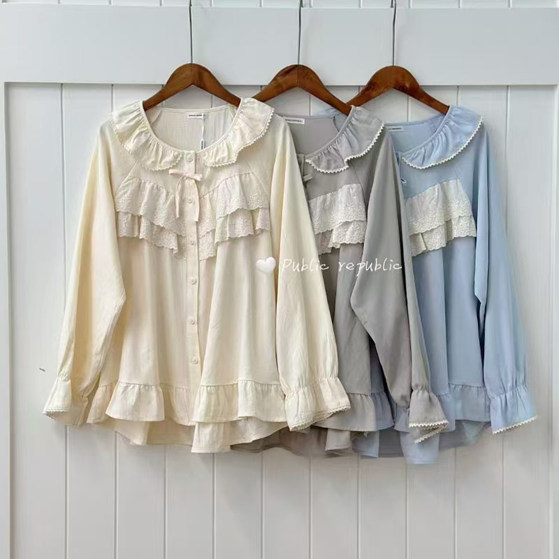 韩国Public republic 睡衣女纯色复古宫廷刺绣甜美超舒适家居套装