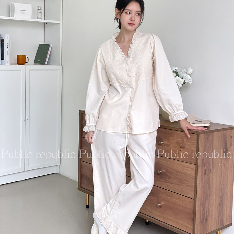 韩国Public republic 睡衣女甜美纯色简约棉布气质开衫款家居套装