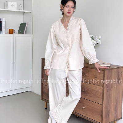 韩国Public republic 睡衣女甜美纯色简约棉布气质开衫款家居套装