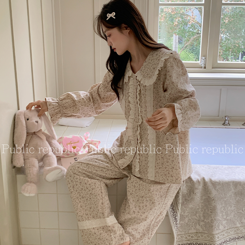 田园碎花系韩国Public republic 睡衣女甜美纯棉印花家居服套装