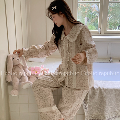 田园碎花系韩国Public republic 睡衣女甜美纯棉印花家居服套装