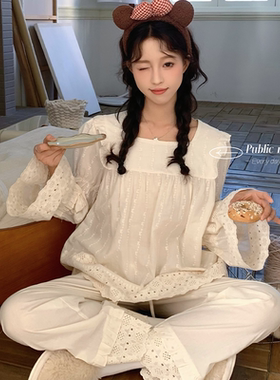 韩国Public republic 睡衣女纯色刺绣甜美简约超舒适棉布家居套装