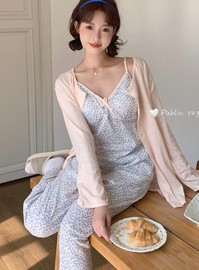 韩国Public republic 睡衣女碎花带胸垫柔软棉布三件套家居套装