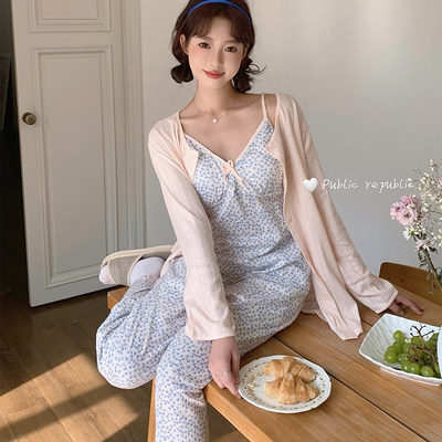 韩国Public republic 睡衣女碎花带胸垫柔软棉布三件套家居套装
