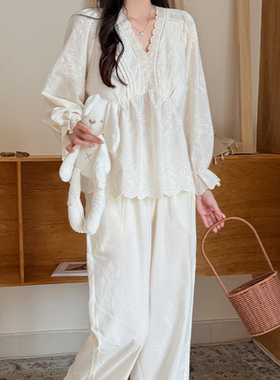 法式重工刺绣V领韩系少女公主风睡衣女款甜美带胸垫棉布家居套装