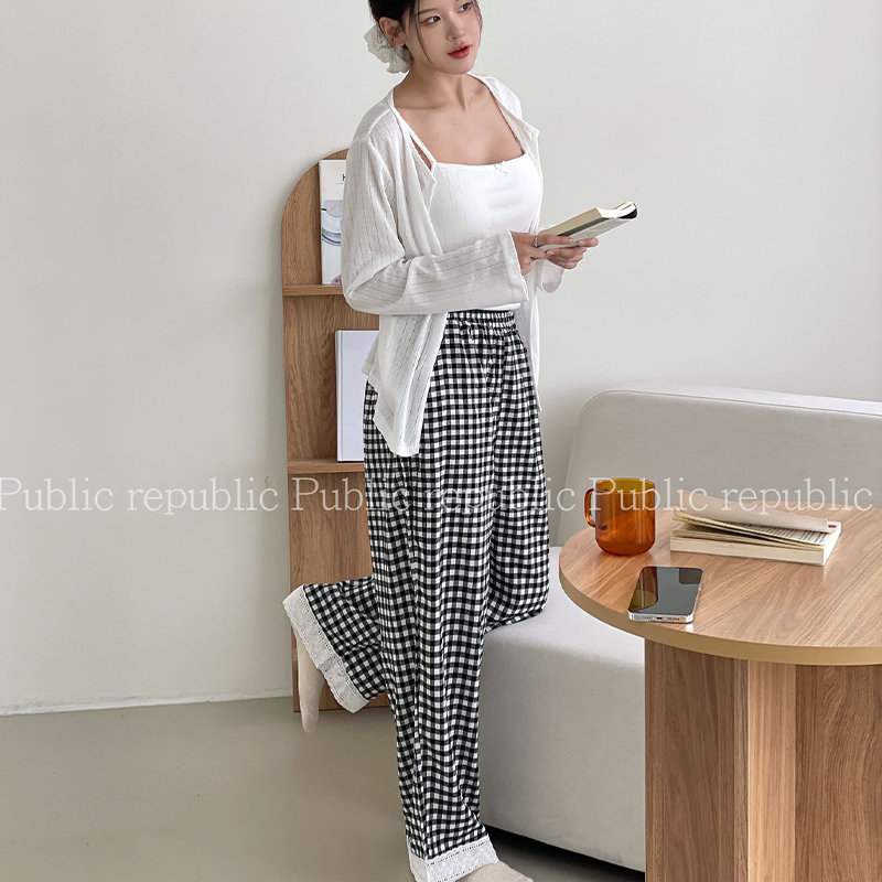 韩国Public republic 睡衣女纯色带胸垫柔软棉布三件套家居套装