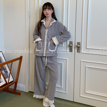 小香风荔枝绒韩国Public republic 睡衣女甜美软糯衬衫领家居套装