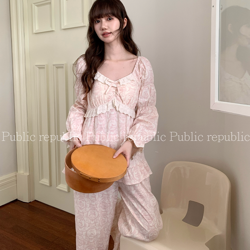 韩国Public republic 睡衣女「蔷薇知秋」复古印花带胸垫家居套装