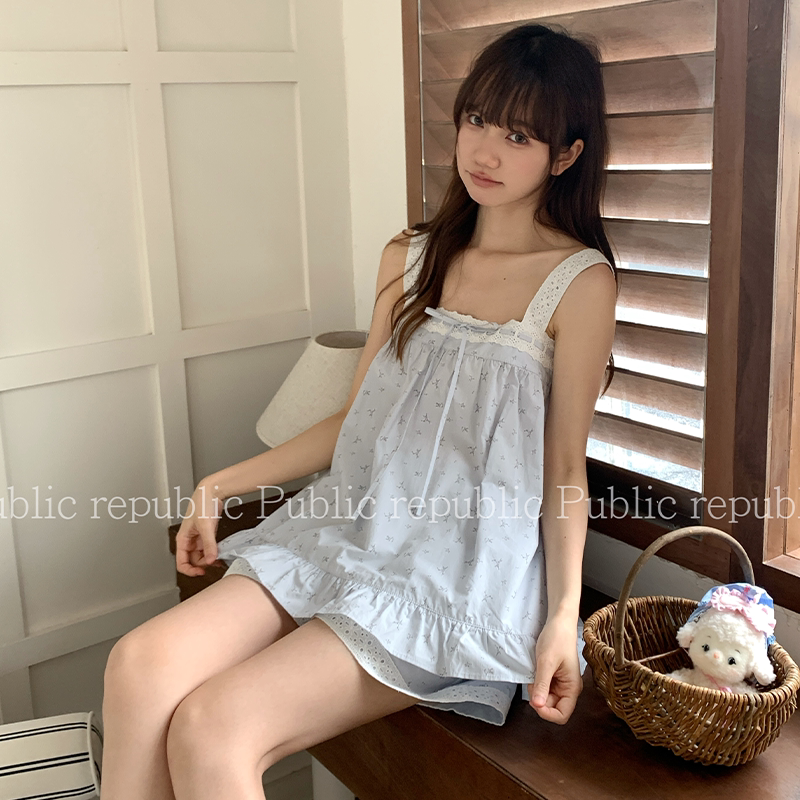 韩国Public republic 睡衣女甜美碎花小清新少女吊带短裤家居套装