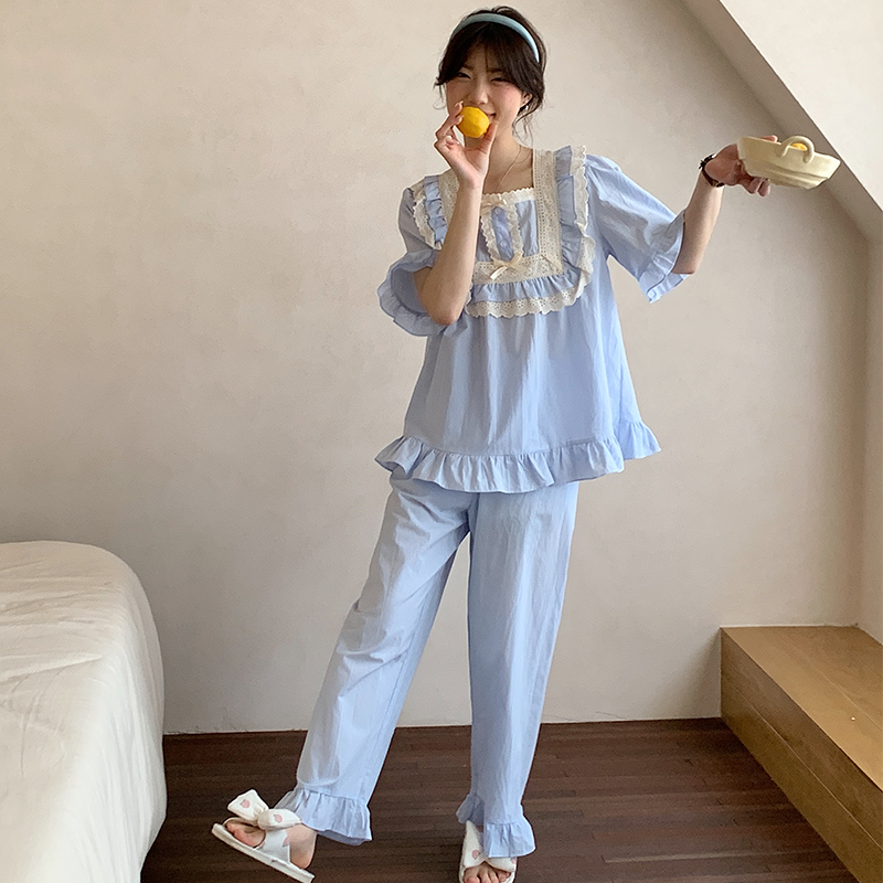 法式宫廷风韩国同款睡衣女清新甜美舒适薄款短袖长裤棉布家居套装