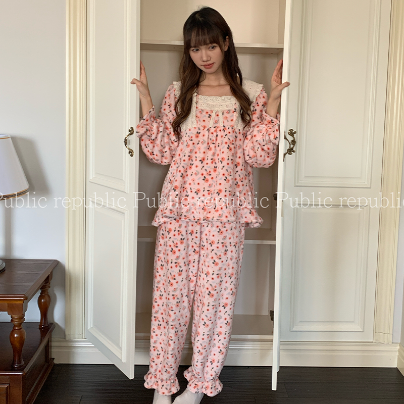 韩国Public republic 睡衣女印花甜美气质花边银狐绒柔软家居套装