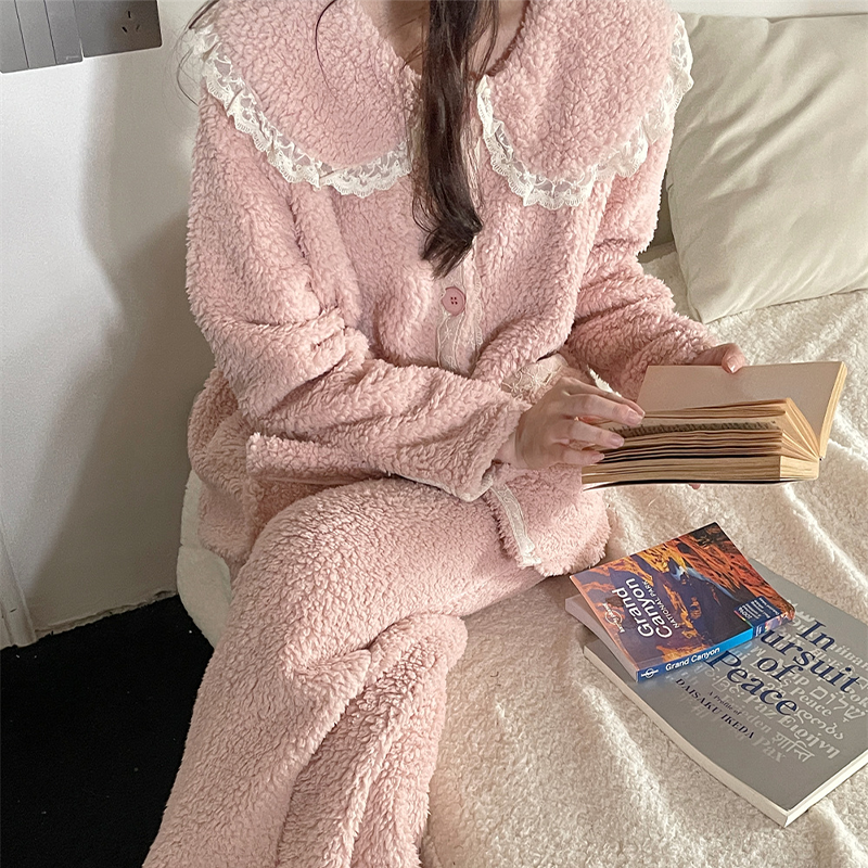 韩国Public republic 睡衣女简约珊瑚绒大翻领带口袋甜美家居套装