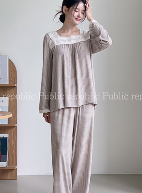 条纹慵懒感韩国Public republic 睡衣女复古方领甜美彩棉家居套装