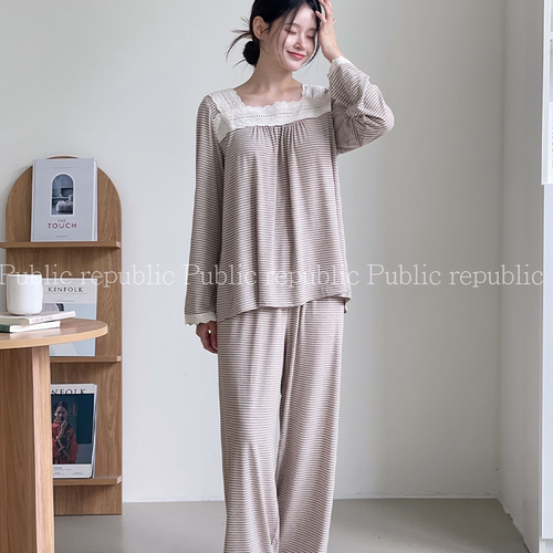 条纹慵懒感韩国Public republic 睡衣女复古方领甜美彩棉家居套装