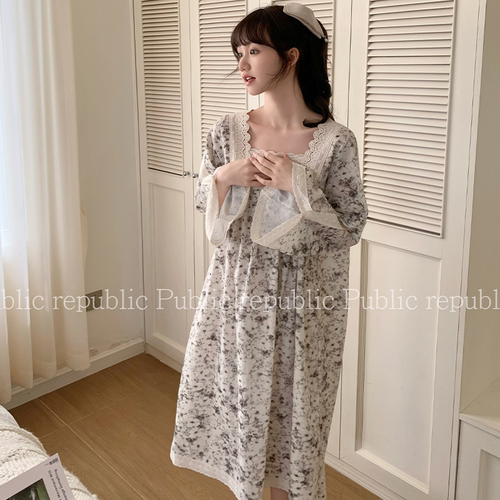 韩国Public republic 睡裙女甜美复古丹青水墨画舒适棉布家居睡裙
