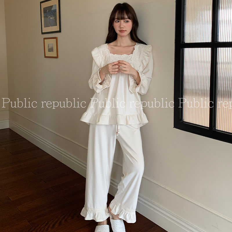 韩国Public republic 睡衣女甜美气质刺绣花边银狐绒柔软家居套装