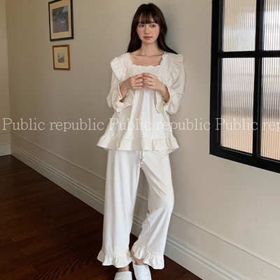 韩国Public republic 睡衣女甜美气质刺绣花边银狐绒柔软家居套装