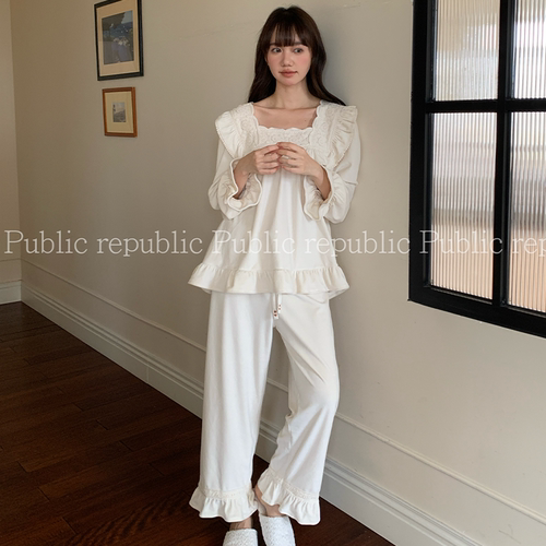 韩国Public republic 睡衣女甜美气质刺绣花边银狐绒柔软家居套装