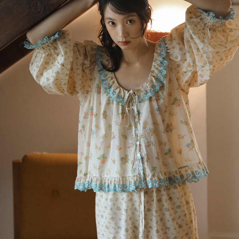「黄调玫瑰」First snow 睡衣女甜美纯色蕾丝花边柔软家居服套装