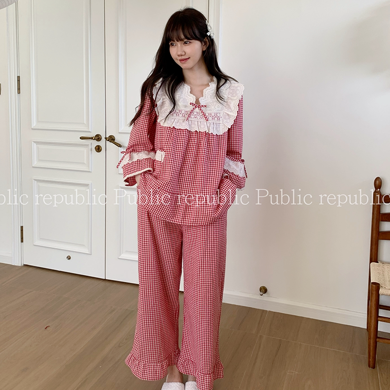 韩国Public republic 睡衣女甜美小清新格子少女棉布舒适家居套装
